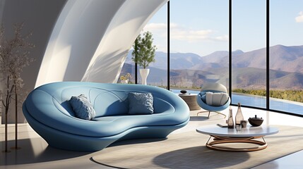 Fototapeta premium A minimalist home interior design of a modern living room includes a luxury blue curved sofa positioned near a window
