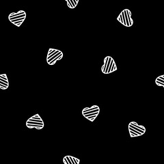 Hand Drawn Seamless Patterns with Hearts in Doodle Style. Romantic Love Digital Paper for Valentines Day. White Hearts on Black Background.