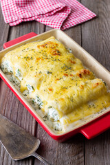Italian cannelloni with cheese and spinach. Italian food. Vegetarian food.