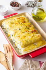 Italian cannelloni with cheese and spinach. Italian food. Vegetarian food.