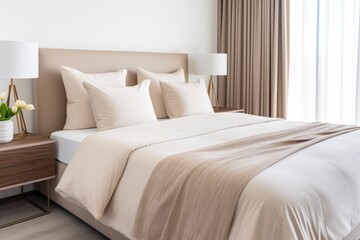 close-up of a modern bed with beige linens in a furnished bedroom