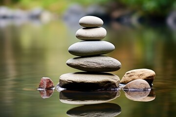stones perfectly balanced on each other in a tranquil pond