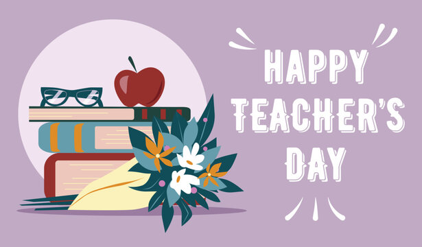 Banner Happy teachers day. This banner captures the essence of a school environment, various supplies such as books, chalkboards, and educational tools. Vector illustration.