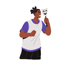 Theater artist play role, acting rage. Actor holds happy theatrical mask, cover face, hides angry emotions. Performer, man standing with furious expressions. Flat isolated vector illustration on white