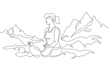 Fototapeta na wymiar A woman meditates in nature. Girl in lotus position. A woman does yoga against the background of mountains. High mountains.One continuous line. Linear. Hand drawn, white background.Landscape