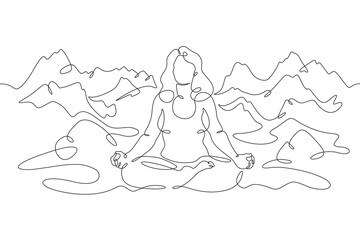 A woman meditates in nature. Girl in lotus position. A woman does yoga against the background of...