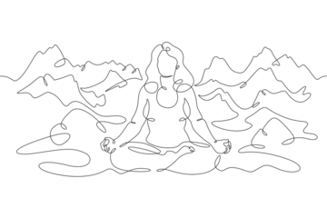 A woman meditates in nature. Girl in lotus position. A woman does yoga against the background of mountains. High mountains.One continuous line. Linear. Hand drawn, white background.Landscape