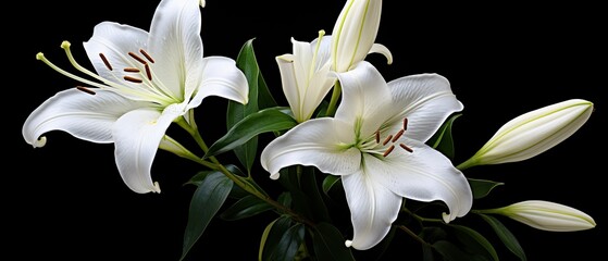White lily flowers on black background.