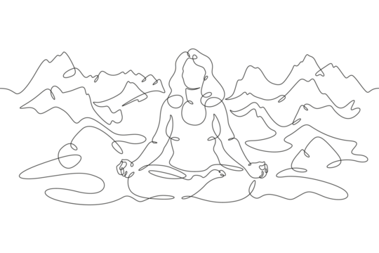 A woman meditates in nature. Girl in lotus position. A woman does yoga against the background of mountains. High mountains.One continuous line. Linear. Hand drawn, white background.Landscape