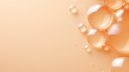 Round drops of transparent serum gel on beige background.