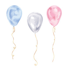 Balloons Vector illustration. Hand drawn graphic clip art of baloon on white isolated background. Watercolor drawing of blue and pink birthday ballon. For the design of greeting cards and invitations © Ekaterina