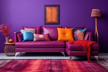 Corner vibrant fabric sofa near purple wall. Interior design of modern living room.