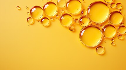 Round drops of transparent serum gel on yellow background.