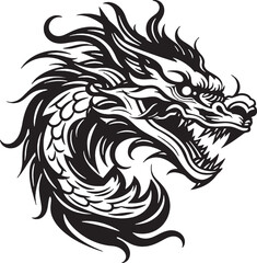 Black line dragon logo on white background.