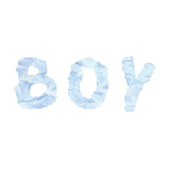 Boy cloud word Vector illustration. Hand drawn clip art on isolated background. Watercolor drawing of fluffy baby type. For greeting cards and gender reveal party invitations. Blue children's font