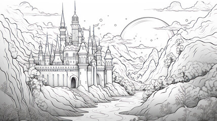 Coloring book page of the great castle for kids and adults - obrazy, fototapety, plakaty