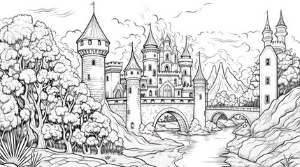 Obraz premium Coloring book page of the great castle for kids and adults