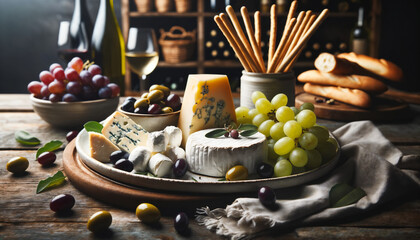 plate of Italian cheeses, including mozzarella, gorgonzola, and pecorino. The plate is set on a rustic wooden table with olives, grapes, and breadsticks as accompaniments.