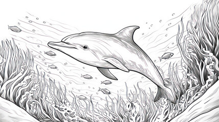 coloring page of cute dolphin swimming among underwater scene for kids