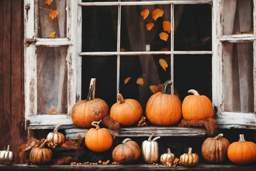 for the halloween holiday, the exterior of the old wooden house is decorated with pumpkins, flowers and leaves, holiday background