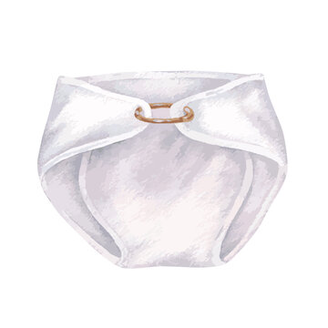 recommend clip art: Baby Diaper vector illustration. Hand drawn graphic clip art of nappy on isolated background. Watercolor drawing of white panty with pin. Sketch of gender neutral children's clothing