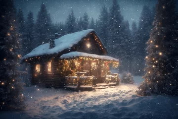 Fotobehang an old hut, decorated with lights for new year holiday, against the background of hard nature in winter, blizzard, dramatic sky and snowy forest, beautiful landscape © soleg