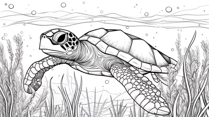 Schilderijen op glas Coloring page of sea turtle swimming among underwater scene in line art style for kids © LightoLife