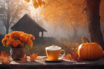 Keuken spatwand met foto a cup of hot latte and pumpkins on an old wooden table in a garden, beautiful autumn nature at sunset as background, decoration for Halloween holiday © soleg