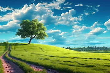 Photo sur Aluminium Prairie, marais Beautiful bright colorful summer spring landscape with lonely tree on field, fresh green grass on meadow and blue sky with clouds