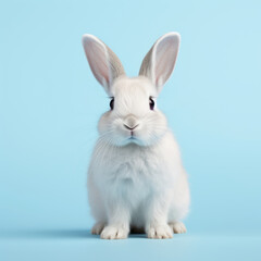 A clean and stylish image of a rabbit on a light blue background, captured with minimal retouching, emphasizing its natural charm.