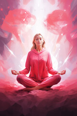 A woman meditating in a yoga posture with a light pink and crimson background, radiating a sense of calm and spiritual wellness.