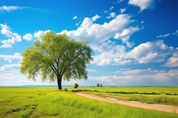 Fototapeta na wymiar Beautiful bright colorful summer spring landscape with lonely tree on field, fresh green grass on meadow and blue sky with clouds