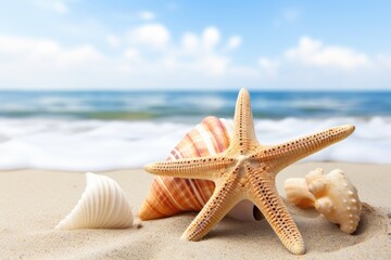 a starfish and seashell side by side on a sandy beach