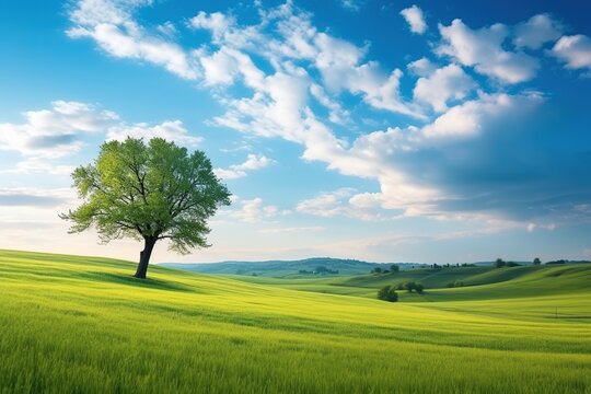 Beautiful bright colorful summer spring landscape with lonely tree on field, fresh green grass on meadow and blue sky with clouds