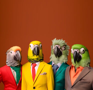 Creative animal concept. Parrot bird in a group, vibrant bright fashionable outfits isolated on solid background advertisement, copy space. birthday party invite invitation banner	
