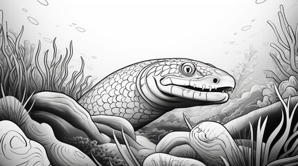 Moray eel or sea monster coloring book page at underwater scene in line art hand drawn style for kids - obrazy, fototapety, plakaty