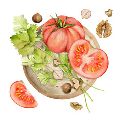 Hand drawn watercolor tomato vegetable, coriander parsley herb, nuts diet and healthy lifestyle, salad vegan cooking. Illustration composition isolated on white background. Design print, card, menu