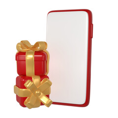 3d red Christmas mockup gift boxes icon with golden ribbon bow and smartphone. Render modern holiday. Realistic icon for present shopping banner or poster