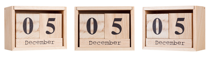 Wooden calendar, a set of dates of the month 05 December, on a white and transparent background