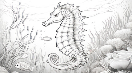 Adult coloring book page of seahorse at underwater scene in line art hand drawn style
