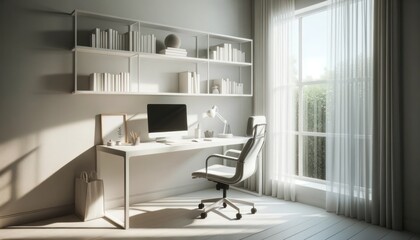 A cozy den transformed into a modern office space, with a sleek white desk and computer perched by a window overlooking a bustling cityscape, surrounded by shelves of books and storage cabinets for a