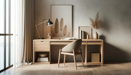 A rustic cabinetry desk sits by the window, adorned with a picture frame and mirror, as the chair waits patiently for someone to sit and create in this cozy indoor room