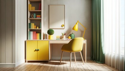 A sunny yellow chair rests invitingly next to a sleek desk in a cozy den, surrounded by rich cabinetry, a wall of shelves and drawers, and a window overlooking the lush floor, all exuding warmth and 