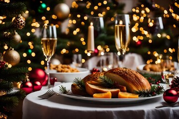 Obraz premium christmas dinner table setting with champagne.