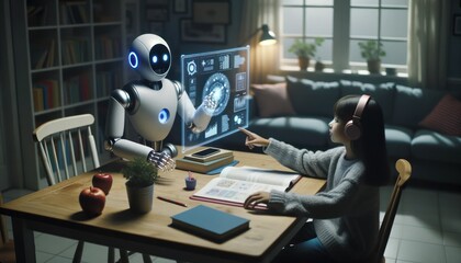 A curious robot and a bright-eyed girl share a cozy moment at the table, surrounded by the warmth of indoor furniture, a book resting on the chair, a computer humming on the desk, as the room glows w
