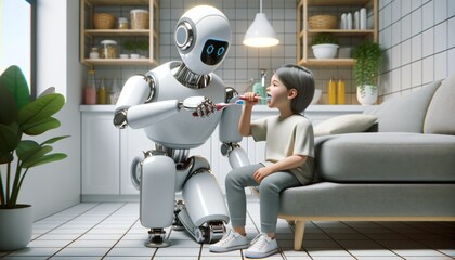 A playful automaton brushing teeth with a curious child on a cozy couch surrounded by indoor plants and stylish furniture, against a colorful cartoon wall
