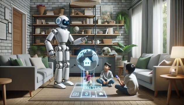 In a whimsical room filled with cozy furniture and scattered toys, a group of curious children gather around a friendly robot as they sit on the floor and explore the endless possibilities of their i