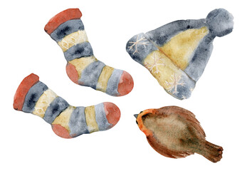 Hand drawn watercolor illustration. Knitted handmade beige blue red woolen hat with pompom and striped socks, robin bird. Composition isolated on white background. For shop, logo, print, paper, card