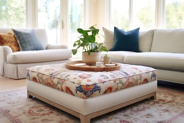 upholstered ottoman in the center of the room