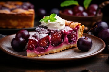 Delicious piece of pie with plums food. Table summer dessert gourmet. Generate Ai